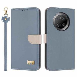 For Huawei Mate 70 Metal Bow Leather Phone Case with Hand Strap(Light Blue)