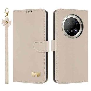 For Huawei Mate 70 Pro Metal Bow Leather Phone Case with Hand Strap(Apricot)