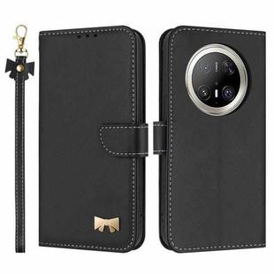 For Huawei Mate 70 Pro+ Metal Bow Leather Phone Case with Hand Strap(Black)