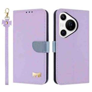 For Huawei Pura 70 Metal Bow Leather Phone Case with Hand Strap(Purple)