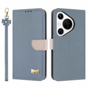 For Huawei Pura 70 Metal Bow Leather Phone Case with Hand Strap(Light Blue)