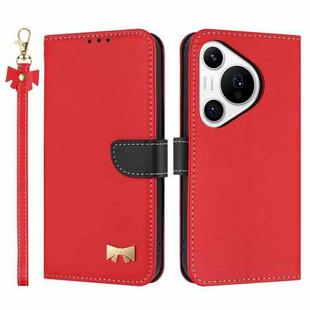 For Huawei Pura 70 Pro Metal Bow Leather Phone Case with Hand Strap(Red)