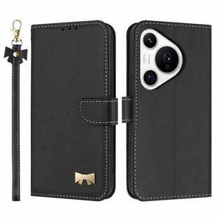 For Huawei Pura 70 Pro Metal Bow Leather Phone Case with Hand Strap(Black)