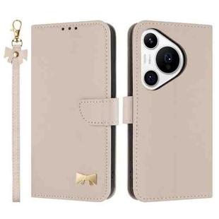 For Huawei Pura 70 Pro Metal Bow Leather Phone Case with Hand Strap(Apricot)