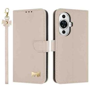 For Huawei nova 12s 4G Global Metal Bow Leather Phone Case with Hand Strap(Apricot)