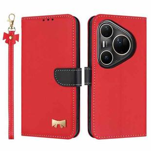 For Huawei Pura 80 Ultra 5G Metal Bow Leather Phone Case with Hand Strap(Red)