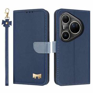 For Huawei Pura 80 Ultra 5G Metal Bow Leather Phone Case with Hand Strap(Dark Blue)