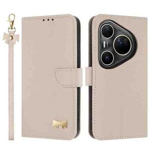 For Huawei Pura 80 Ultra 5G Metal Bow Leather Phone Case with Hand Strap(Apricot)