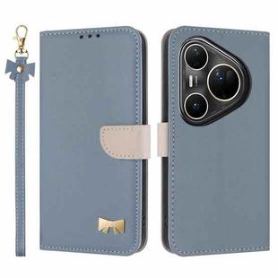 For Huawei Pura 80 Ultra 5G Metal Bow Leather Phone Case with Hand Strap(Light Blue)