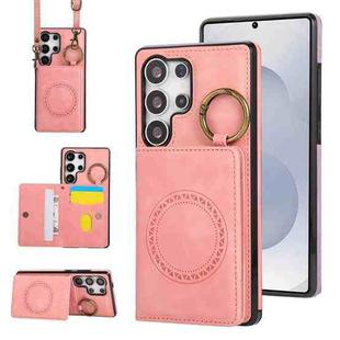 For Samsung Galaxy S25 Ultra 5G Car Magnetic Ring Buckle Card Bag Phone Case with Lanyard(Pink)