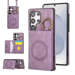 For Samsung Galaxy S25 Ultra 5G Car Magnetic Ring Buckle Card Bag Phone Case with Lanyard(Purple)