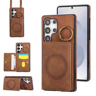 For Samsung Galaxy S25 Ultra 5G Car Magnetic Ring Buckle Card Bag Phone Case with Lanyard(Brown)