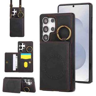 For Samsung Galaxy S25 Ultra 5G Car Magnetic Ring Buckle Card Bag Phone Case with Lanyard(Black)