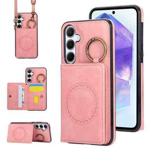 For Samsung Galaxy A55 5G Car Magnetic Ring Buckle Card Bag Phone Case with Lanyard(Pink)