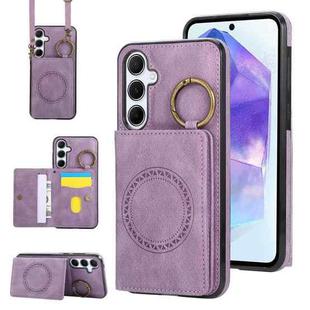 For Samsung Galaxy A55 5G Car Magnetic Ring Buckle Card Bag Phone Case with Lanyard(Purple)