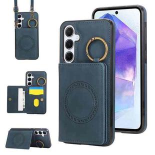 For Samsung Galaxy A55 5G Car Magnetic Ring Buckle Card Bag Phone Case with Lanyard(Green)