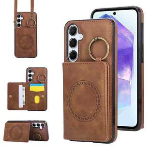 For Samsung Galaxy A55 5G Car Magnetic Ring Buckle Card Bag Phone Case with Lanyard(Brown)