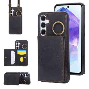 For Samsung Galaxy A55 5G Car Magnetic Ring Buckle Card Bag Phone Case with Lanyard(Black)