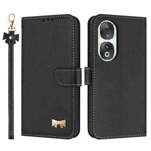 For Honor 90 5G Metal Bow Leather Phone Case with Hand Strap(Black)