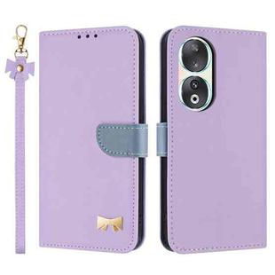 For Honor 90 5G Metal Bow Leather Phone Case with Hand Strap(Purple)
