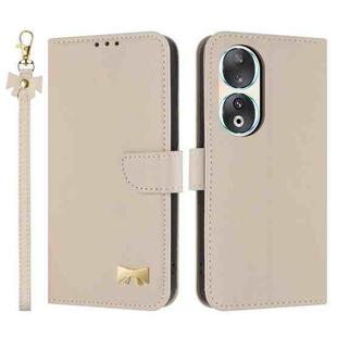 For Honor 90 5G Metal Bow Leather Phone Case with Hand Strap(Apricot)