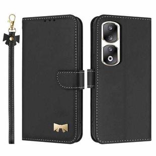 For Honor 90 Pro 5G Metal Bow Leather Phone Case with Hand Strap(Black)