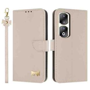 For Honor 90 Pro 5G Metal Bow Leather Phone Case with Hand Strap(Apricot)