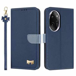 For Honor 100 Pro 5G Metal Bow Leather Phone Case with Hand Strap(Dark Blue)