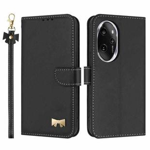 For Honor 100 Pro 5G Metal Bow Leather Phone Case with Hand Strap(Black)
