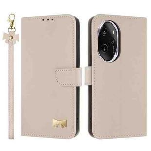 For Honor 100 Pro 5G Metal Bow Leather Phone Case with Hand Strap(Apricot)