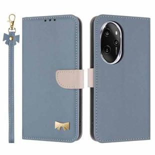 For Honor 100 Pro 5G Metal Bow Leather Phone Case with Hand Strap(Light Blue)