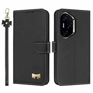 For Honor 300 Pro 5G / 300 Ultra 5G Metal Bow Leather Phone Case with Hand Strap(Black)