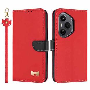 For Honor 400 Pro 5G Global Metal Bow Leather Phone Case with Hand Strap(Red)