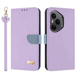 For Honor 400 Pro 5G Global Metal Bow Leather Phone Case with Hand Strap(Purple)