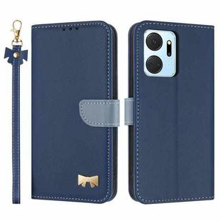 For Honor X7a 4G Metal Bow Leather Phone Case with Hand Strap(Dark Blue)