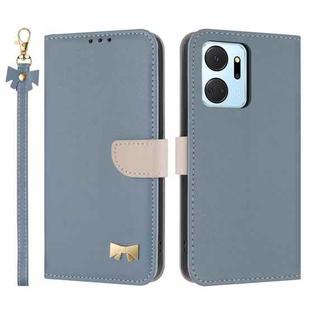 For Honor X7a 4G Metal Bow Leather Phone Case with Hand Strap(Light Blue)