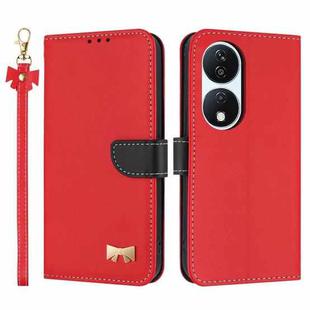 For Honor X7b 5G Global Metal Bow Leather Phone Case with Hand Strap(Red)