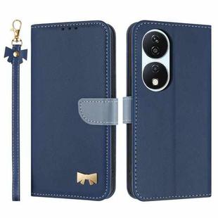 For Honor X7b 5G Global Metal Bow Leather Phone Case with Hand Strap(Dark Blue)