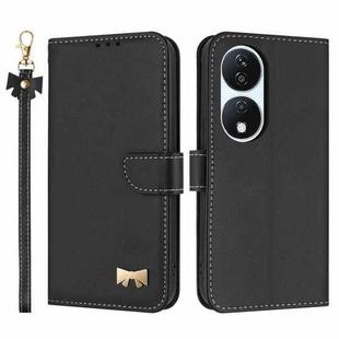 For Honor X7b 5G Global Metal Bow Leather Phone Case with Hand Strap(Black)
