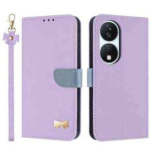 For Honor X7b 5G Global Metal Bow Leather Phone Case with Hand Strap(Purple)