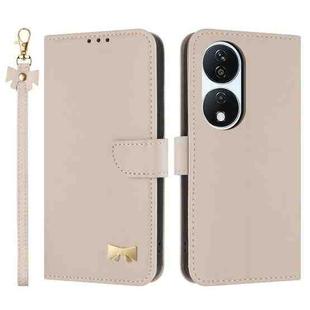 For Honor X7b 5G Global Metal Bow Leather Phone Case with Hand Strap(Apricot)
