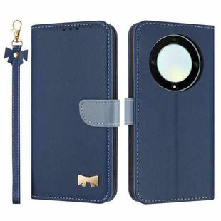 For Honor X9b 5G Global Metal Bow Leather Phone Case with Hand Strap(Dark Blue)