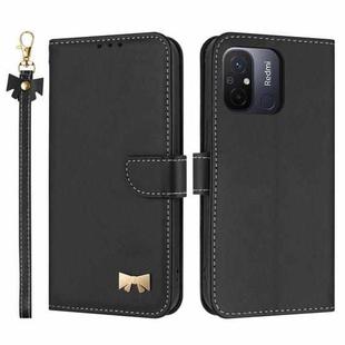 For Redmi 11A / 12C Metal Bow Leather Phone Case with Hand Strap(Black)