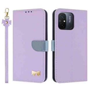 For Redmi 11A / 12C Metal Bow Leather Phone Case with Hand Strap(Purple)