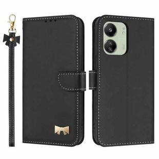 For Redmi 13C 4G Global Metal Bow Leather Phone Case with Hand Strap(Black)