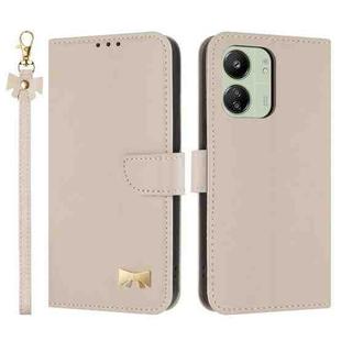 For Redmi 13C 4G Global Metal Bow Leather Phone Case with Hand Strap(Apricot)