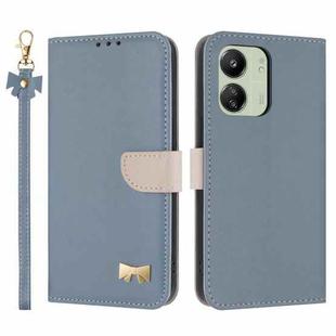 For Redmi 13C 4G Global Metal Bow Leather Phone Case with Hand Strap(Light Blue)