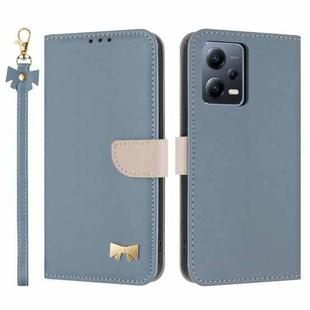 For Redmi Note 12 5G / Poco X5 Metal Bow Leather Phone Case with Hand Strap(Light Blue)