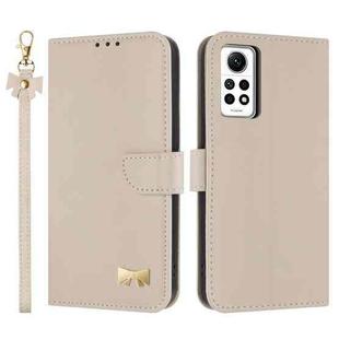 For Redmi Note 12 Pro 4G Global Metal Bow Leather Phone Case with Hand Strap(Apricot)