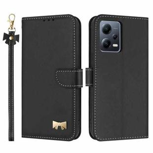 For Redmi Note 12 Pro 5G Metal Bow Leather Phone Case with Hand Strap(Black)